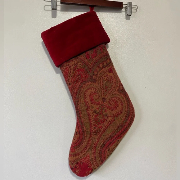 POTTERY BARN Elegant Christmas Stockings Red Paisley Jacquard Velvet - Picture 1 of 2